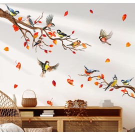 JarThenaAMCS Fall Wall Stickers Tree Bird Branch Leaves Wall Decals Autumn Room Mural Stickers for Thanksgiving Home School Office Party Decor, 11.8 x 35.4 Inch, 2 Rolls