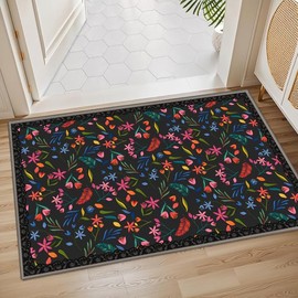 WuFulon Area Rug 2x3 Washable Vintage Rug: Small Low Pile Non-Slip Indoor Entryway Rug for Entrance Bedroom Kitchen Bathroom, Kids and Pets Friendly(MS4-Floral Black)