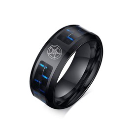 Church of Satan Jewelry Leviathan Cross Satanic Symbol Ring Stainless Steel Carbon Fiber Inlay Band for Men, Stainless Steel