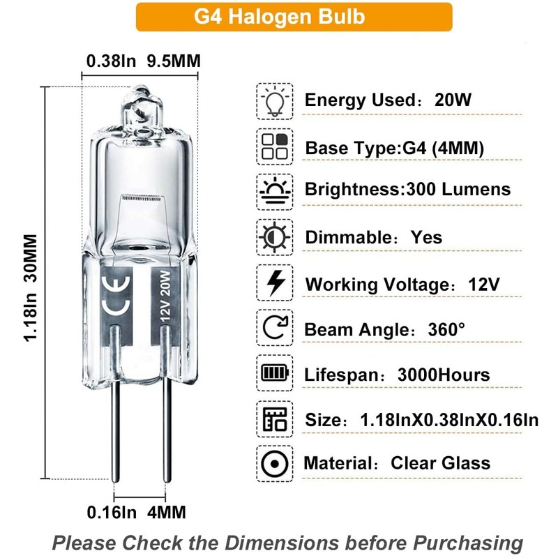G4 Bulb, 20 Pack Halogen G4 12V 20W with G4