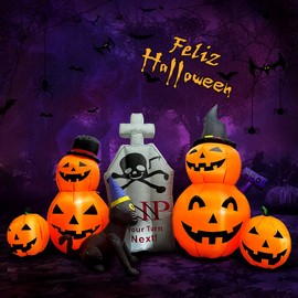 DAHAN Inflable Halloween, Calabaza Decoración Adornos de Calabaza con Gato de Bruja y Luces LED, Adornos Decoracion Halloween Exterior para Fiesta, Dí