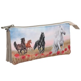 Depesche 13342 Miss Melody Poppy Sand Pencil Case in Beige with Horse Motif and Poppies Pencil Case with 3 Inner Compartments
