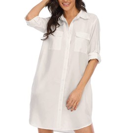 Women's Casual White Button Down Shirts Dress Long Sleeve Loose Swimsuit Cover Up Blouse Tops with Pockets