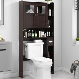 Vabches Over The Toilet Storage Cabinet, Bathroom Shelf Over Toilet with Glass Doors and Adjustable Shelves, Grey Freestanding Home Space Save Toilet Rack, for Restroom, Bathroom, Laundry - Color: Espresso