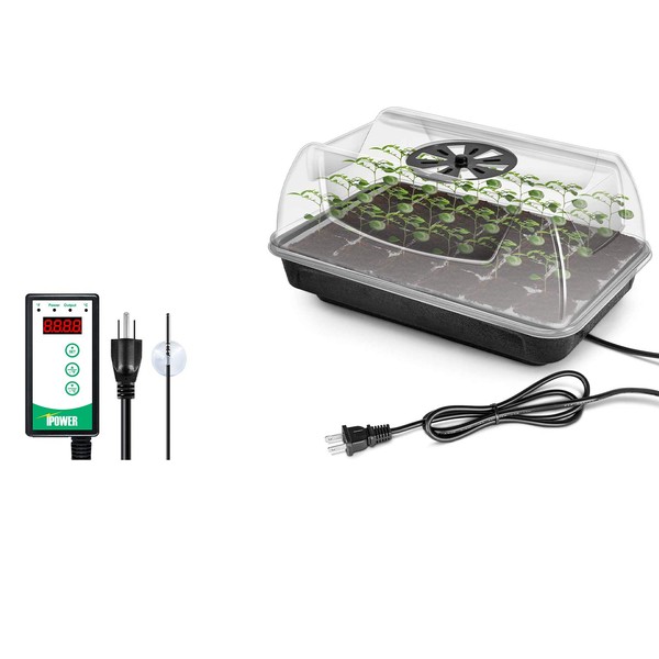 iPower Seed Starter Germination Kit Seedling Propagation Tray with Heater 5in Vented Humidity Dome and Digital Heat Mat Thermostat Combo, Black