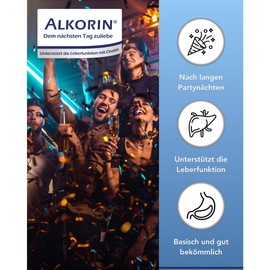 ALKORIN® 60 capsules for 20 applications. For the sake of the next day! Supports liver function with choline. Base powder with electrolytes, magnesium, zinc, folic acid and B vitamins