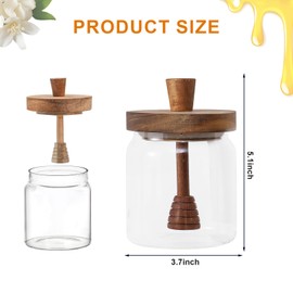 400ml 13.5 OZ Glass Honey Jar with Acacia Wood Lid and Dipper Airtight Honeypot Coffee Syrup Dispenser Round Honey Storage Container Kitchen Dining Gifts for Her Bar Accessories