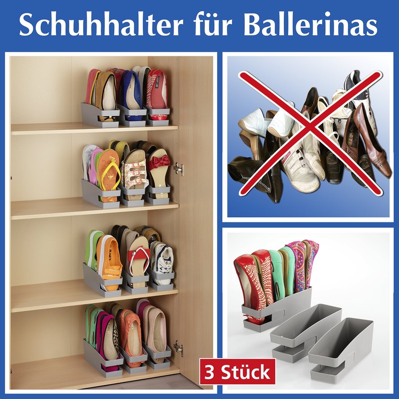 Maximex Shoe Holder for Ballerinas, Polypropylene, Grey, 3er Pack, 26.5