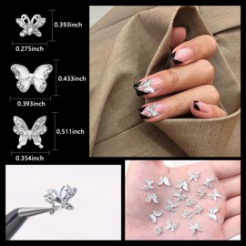 JERCLITY 30pcs 3D Alloy Silver Butterfly Nail Charms Nail Butterfly Charms for Nails with Clear Rhinestones Butterfly Nail Gems Silver Nail Charms for Acrylic Nails Nail 3D Charms for Nails
