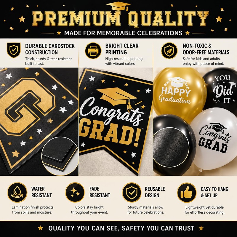 2026 Graduation Decorations Set, Gold and Black Party Supplies -