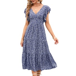 MURMUREY Women 2023 Summer Casual Floral Print Short Flutter Sleeve Dress Deep V Neck Backless Flowy Boho Maxi Dresses