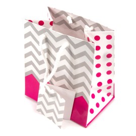 N N’icePackaging – 10 Qty – Pink Polka-Dot/Chevron Paper Tote Gift Bags (4in x 2.75in x 4.5in) – For Birthdays/Holidays/Parties/Gifts/Sales/Showers/Special Occasions – 4 Sizes