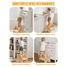 Wooden Toddler Step Stool for Kids - Non Slip 2 Step Stool with Handles for Bathroom Sink, Potty Training, Kitchen