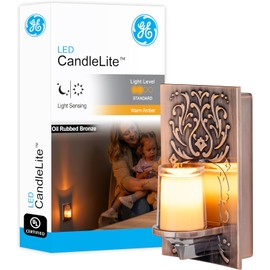 GE LED CandleLite Night Light, Plug-In, Dusk-to-Dawn Sensor, Auto On/Off, Flickers Like a Real Candle, Warm Amber Light, Energy Efficient, Guide Light, Decorative, Oil-Rubbed Bronze Finish, 11258