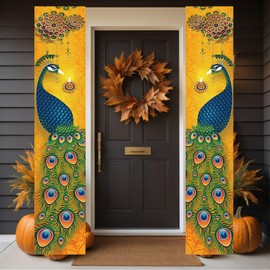 Happy Diwali Porch Banner Indian Diwali Peacock Front Porch Welcome Sign, Festival of Lights Deepavali Hanging Decoration Party Supplies for Indoor Outdoor Garden,Yard,Party Home Decor