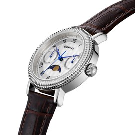 BERNY Women's Quartz Watch Moon Phase Analogue Watches Genuine Leather Strap Fashion Watches for Women 3ATM Waterproof, White, Bracelet
