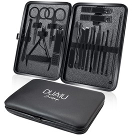 DUAIU Professional Manicure Set, 18 Pcs Stainless Steel Nail Clippers Kit With Leather Case-Ideal Travel Grooming Gift For Men/Women