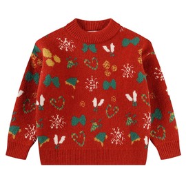SMILING PINKER Little Girls Christmas Sweater Chunky Knitted Santa Reindeer Pullover Warm Winter Top(3T,Red)