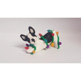 Celtic Forest Clay FRENCH BULLDOG Christmas Ornament TANGLED IN LIGHTS HAND MADE Pied FRENCHY