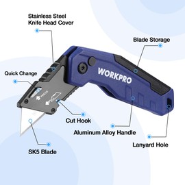 WORKPRO Folding Utility Knife, Quick Change Box Cutter, Razor Knife for Cartons, Cardboard, Boxes, Blade Storage in Aluminum Handle, 13 Extra Blades Included (Blue)