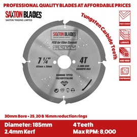 Saxton PCD Circular Saw Blade, 185mm x 4 Teeth x 30mm Bore 16, 20 & 25mm rings, Polycrystalline Diamond Tipped Fibre Cement Board, Hard Materials