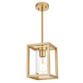 VINLUZ 1-Light Rustic Chandelier in Gold Finish Modern Industrial Pendant Lighting Fixture with Clear Glass Shade Hanging Ceiling Light for Dining Room