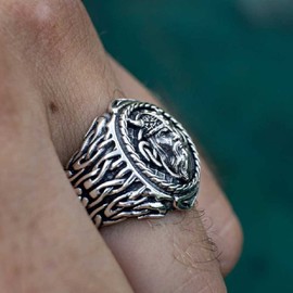 Odin Ring for Men, Norse Viking Odin Head Ring, Viking Celtic Knot Ring, Vintage Celt Odin Amulet Ring, Odin Warrior Totem Tribal Ring Silver Black, Punk Viking Jewelry Jewelry for Men Mens (7)