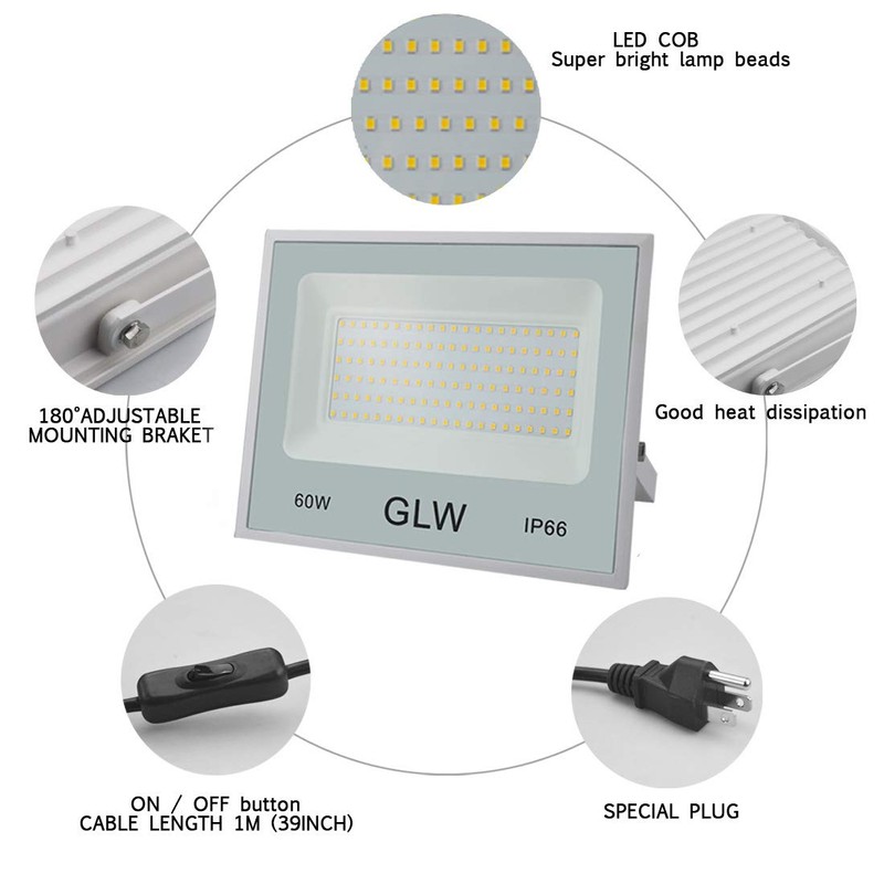 GLW 60W Flood Light Outdoor IP66 Waterproof Security Lights,6000LM 3000K