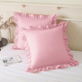 KKJIAF Ruffle Pillow Cases 18x18 Inches, Light Pink Square Ruffled Pillow Covers Set of 2, Microfiber Wrinkle Resistant Pillow Shams with Envelope Closure for Sofa Bed Living Room