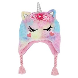 Kids Girls Cute Rainbow Fluffy Unicorn Beanie Winter Hat and Gloves Set Faux Fur Earflap Cap Mitten Set