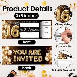 16th Birthday Invitations, Birthday Party Invites For Women Men, Black Gold Glitter Fill-in Invites Cards, 20 Invitations with 20 Envelopes, Party Favors Supplies Decorations(3×8inches) A01