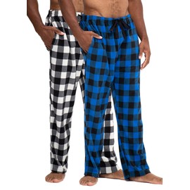 DEVOPS 2 Pack Men's Buffalo Plaid Plush Fleece Pajama Pants Sleepwear With Pocket (Medium, White/Blue)