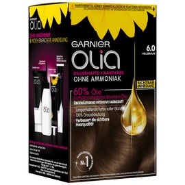 Garnier Olia 6.0 Light Brown Permanent Hair Colour without Ammonia, with Nourishing Natural Oils, Full Grey Hair Coverage, Permanent Colouration - 1 Piece