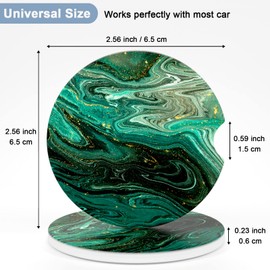 Nipichsha Car Coasters for Cup Holders, 2 Pack Absorbent Ceramic Car Cup Holder Coaster for Drinks, Cute Car Assecories for Women Men, Size 2.56" with Finger Notch & Cork Base, Green Gilt Marble