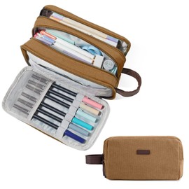 Sooez Large Pencil Case Pouch, Extra Big Pencil Pouch Pencil Bag with PU Handle & Zipper, Sturdy Pen Case with 3 Compartments, Aesthetic School College Supplies Organizer for Men Women Boys, Brown