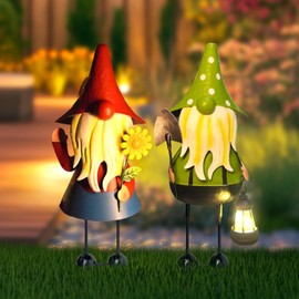 HONGLAND Metal Gnome Yard Art -18 Inch Garden Gnomes Statues Outdoor Decor with Solar Lantern Lights -3D Outdoor Figurines for Patio Yard Lawn Porch Ornament Gardening Gifts