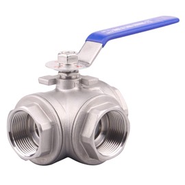 DERNORD 3-Way Ball Valve, T Mounting Pad, Stainless Steel 304 Female Type for Water, Oil, and Gas with Vinyl Locking Handle (1 1/4 Inch NPT)