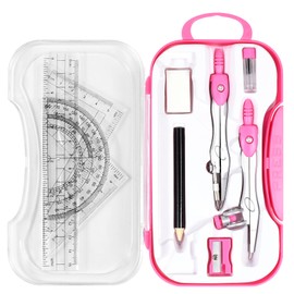 Unjoo Math Geometry Kit Sets 10 Piece Student Supplies with Shatterproof Storage Box,Includes Rulers,Protractor,Compass,Eraser,Pencil Sharpener,Lead Refills,Pencil,for Drafting and Drawings（Pink）