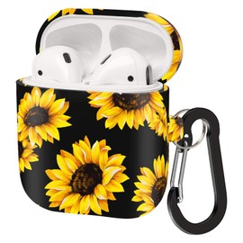 ALNBO Compatible with AirPods Case Soft Silicone Protective Case Cover for AirPods 2 & 1,Front LED Visible (Black Sunflower)
