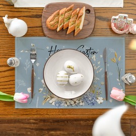 Artoid Mode Bunny Rabbits Hydrangea Happy Easter Placemats Set of 4, 12x18 Inch Seasonal Spring Table Mats for Party Kitchen Dining Decoration