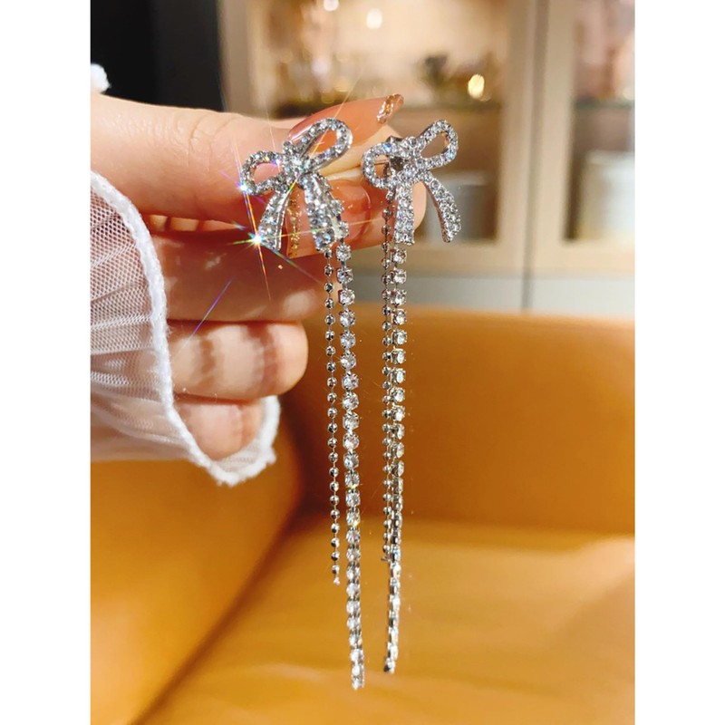 Bow Earings for Women Long Tassel Earring Sparkly Rhinestone Crystal
