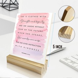 Inspirational Proverbs 31 Woman Bible Verse Desk Decor Rustic Plaque with Wood Stand, Proverbs 31:25-26 Scriptures Decor, Watercolour Christian Wood Sign for Home Shelf Decor