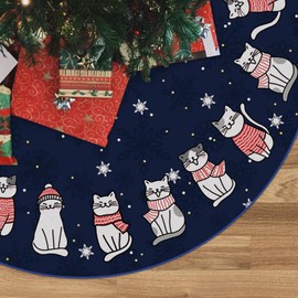 GAGEC Christmas Tree Skirt Dark Blue Tree Skirt Cat Christmas Xmas Winter Tree Skirt 48 Inch for Black Cat Christmas Indoor Outdoor Decorations