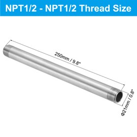 PATIKIL 304 Stainless Steel Pipe Fitting G1/2" x G1/2" Female Thread 10"/250mm Length Nipple Cast Pipe Coupling Fitting Diameter 21mm