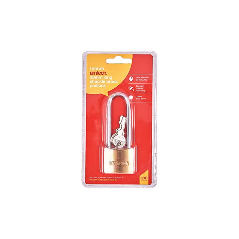 Amtech T1500C 38mm Solid Brass Long Shackle Padlock, Small Padlock