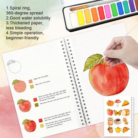apolyone Water Coloring Book, Beginner WaterColor Paint Set, 2 Pack Watercolor book with 12 Colors Water Colors Paint Adult Set with Paint Brush (Autumn & Kitchen)