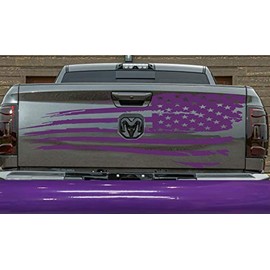 Distressed Tailgate Reversed Subdued USA American Flag Rear Door or Window Decal Sticker Car Truck Van Stickers fits Ford Chevy RAM or Any Large Pick up Truck Jeep Auto or Cars- Purple