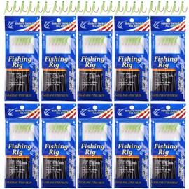 Fishing Rigs Saltwater Bait Lures, 10 Packs Bait Rigs Luminous with Fish Skin Feather Hook Size 4 6 8 (Type C, Size 4)