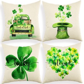 Ogiselestyle St Patricks Day Clover Truck Hat Throw Pillow Cover, 18 x 18 Inch Shamrock Green Cushion Case Decoration for Sofa Couch Set of 4