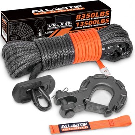 ALL-TOP Synthetic Winch Rope w/Hook & Isolator, 3/16in x 50ft, 8350Lbs UHMWPE Cable Replace Kit, Forged Hook & Rubber Stopper & Safety Pull Strap